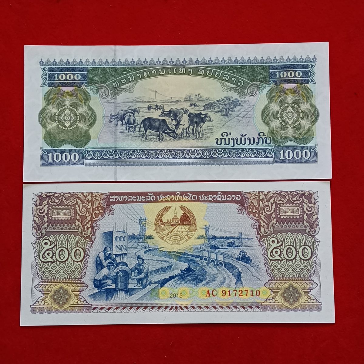 1000 Kip And 500 Kip of Laos Country Year 2003 or 2015 with cattle grazing UNC Grade Note 2 Pcs Set