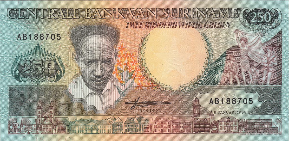 250 Gulden of Surname Country (AD 1991-1998) with Toucan bird