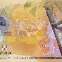 Polymer 10 Rufiyaa of Maldives Country (AD 2015) with A portrait of a group of people playing the boduber (traditional drum)