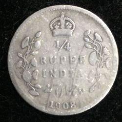 India - British ¼ Rupee 1908 - Edward VII Rare Silver Coin #M-912