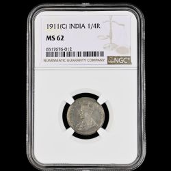 Extremely Rare 1/4 Rupee 1911 of George V King NCG Graded MS62 British India Coin of Calcutta Mint