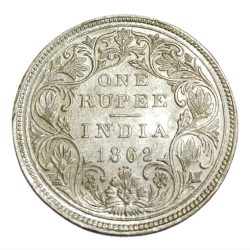 British India Silver Rupee Year 1862 Queen Victoria Dot Variety in High AUNC Grade.