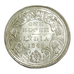 British India Silver Rupee Year 1862 Queen Victoria Dot on Top Variety in High AUNC Grade.