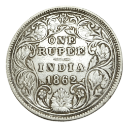 British India Silver Rupee Year 1862 Queen Victoria Empress with Thick Legends & Flower Variety **Scare** Collectable Grade.