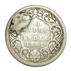 British India Silver 1/4 Rupee Year 1862 Queen Victoria with Extra Metal Deposit in Used Condition.