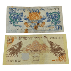 Bhutan One Ngultrum and Five Ngultrum Set 2 Notes are in Collectable Grades.
