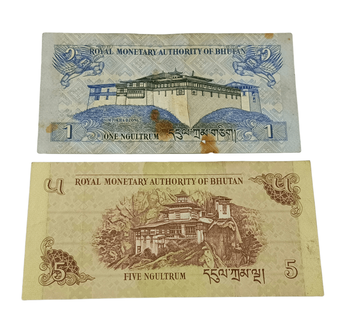 Bhutan One Ngultrum and Five Ngultrum Set 2 Notes are in Collectable Grades.