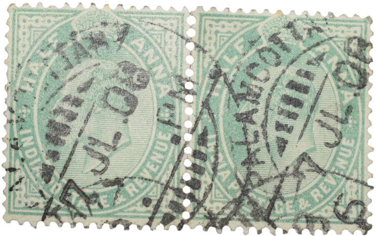 Postal Stamp of Edward VII 1/2 Anna Green Clour - Block of 2 Stamps - Used Condition as per image.