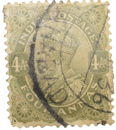 Postal Stamp of George V 4 Annas Olive Green Colour - Used Condition as per Image.