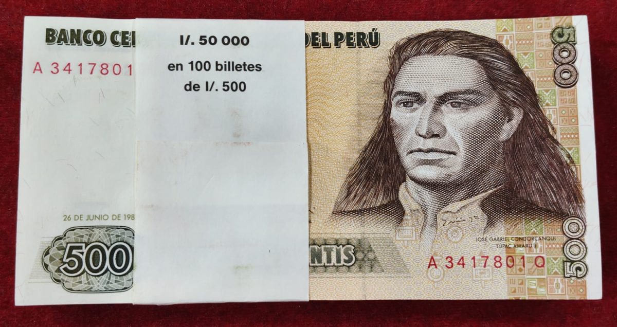 Peru 500 quinientos intis t GEM UNC Rare (100 note ) Packet