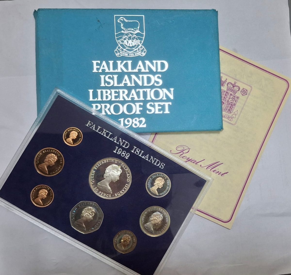 Falkland Islands 1982 Royal Mint 8 Coin Liberation Proof Set with Silver Crown and Certificate