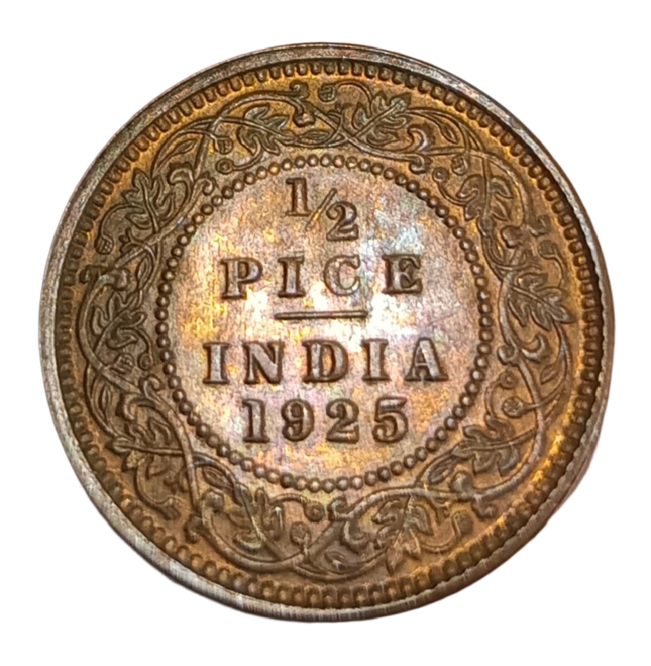 British India Copper Half Pice Key Year 1925 King George-V **V. Rare** High UNC Grade.