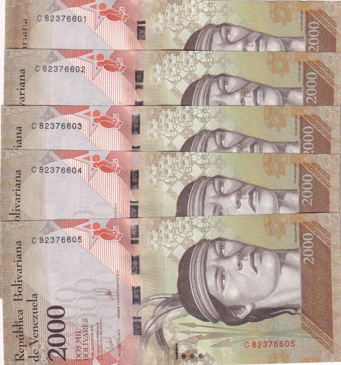Venezuela 2000 Bolivares Serial 5 Notes Gem UNC 5 Paper currency & Bank notes