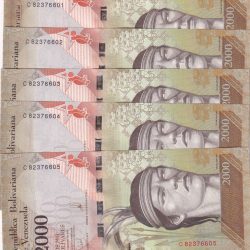 Venezuela 2000 Bolivares Serial 5 Notes Gem UNC 5 Paper currency & Bank notes