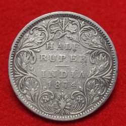 Extremely Rare Silver Half Rupee Victoria Queen 1874 Weight 5.83 GMS Bombay Mint in Excellent Condition
