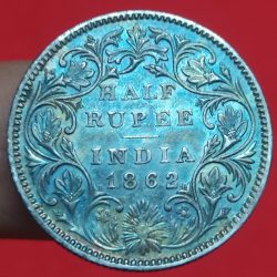 Extremely Rare Silver Half Rupee Victoria Queen 1862 Weight 5.83 GMS Beautiful Luster in Excellent Condition