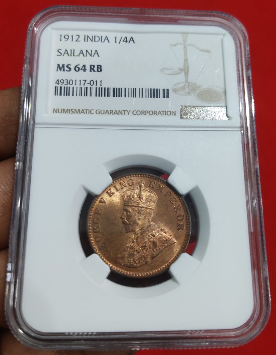 Rare Sailana State One Quarter Anna 1912 George V King NGC Graded MS 64