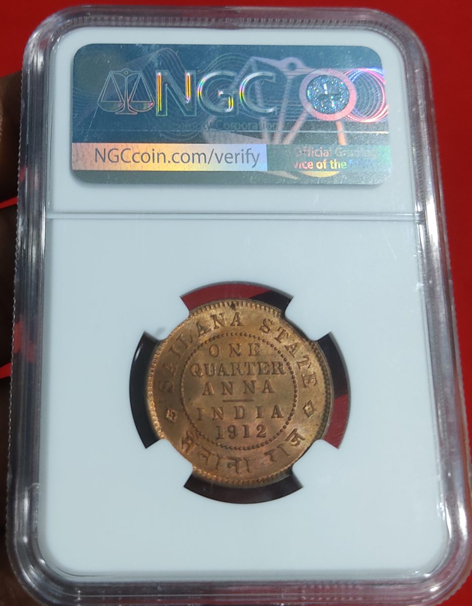 Rare Sailana State One Quarter Anna 1912 George V King NGC Graded MS 64
