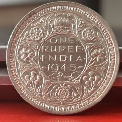 1945 One Rupee of George V King Bombay Mint Half Silver 11.66 Gram British India Coin in Top Extremely Fine Grade