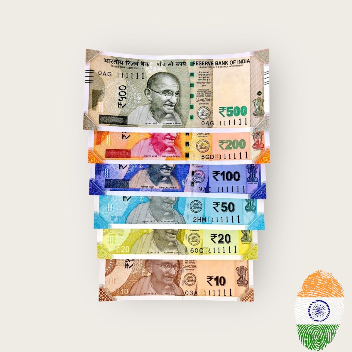 Rs 10 to 500 Fancy Solid India Banknote Set 111111 Gem UNC Unique and Rare Set