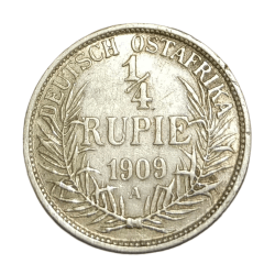 German East Africa Silver 1/4 Rupee Year 1909 King William-II "Guilelmus-II Imperator" **V. Rare** High Collectable Grade.