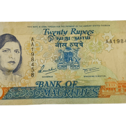 Mauritius 20 Rupees Year 1985 Sarojini Jugnauth Portrait Front Side & Satellite DISH Station Back Side in High Collectable Grade.