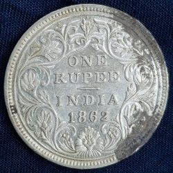 1862 One Rupees Victoria British India Silver Extremely Rare Coin #A-73