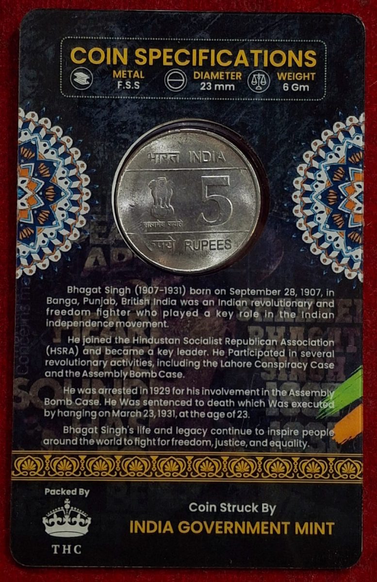 5 Rs. Saheed Bhagat Singh rare Commemorative Coin Card Special Edition