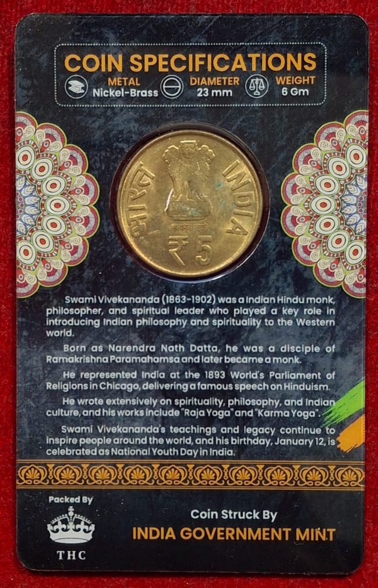 5 Rs. 150TH Birth Anniversary of Swami Vivekananda rare Commemorative Coin Card Special Edition