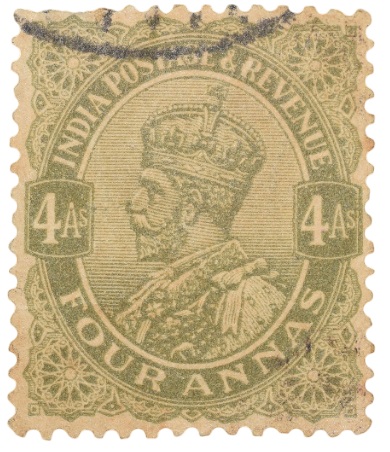 Postal Stamp of George V 4 Annas Olive Green Colour - Used Condition as per Image.