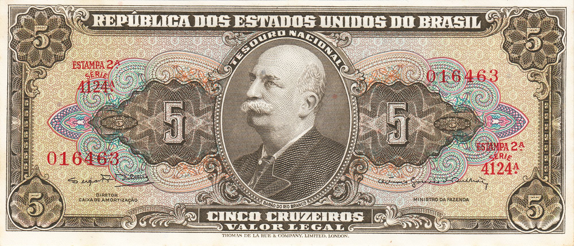 5 Cruzeiros Thesouro Nacional 2nd print Valor Legal World Banknote UNC Unique and rare