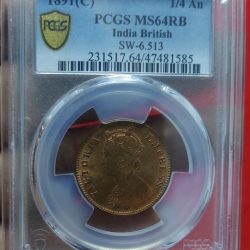 One Quarter Anna Victoria Empress 1891 PCGS Graded MS 64 RB