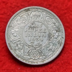 Half Rupee Coin Silver George V Year 1934 Calcutta Mint W Eight 5.83 GMS High Grade