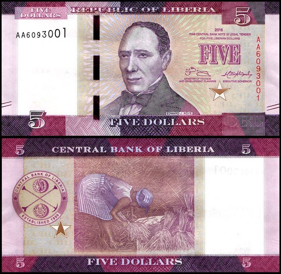 Liberia 5 Dollars Banknote 2016 P31a UNC Unique and Rare