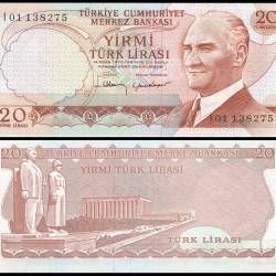 Turkey 20 Lira World Banknote L 1970 P187a 3 UNC Prefix I Unique and Rare