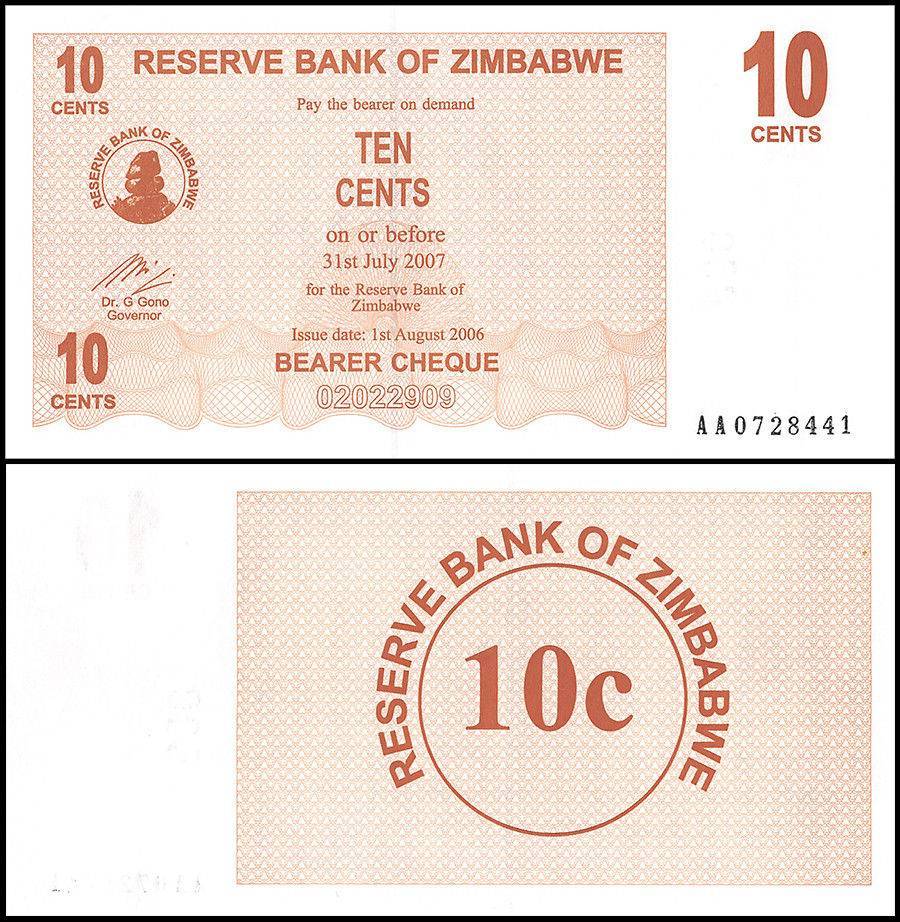 Zimbabwe 10 Cents Bearer Cheque 2006 P35 UNC Unique and Rare