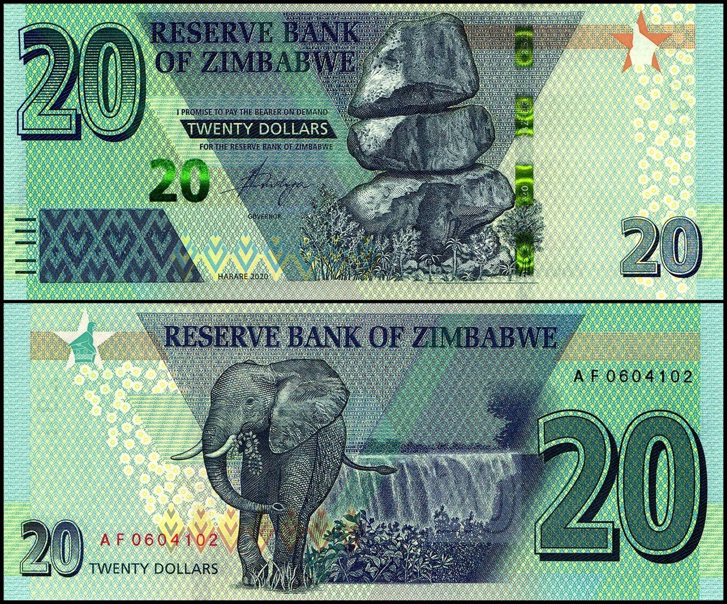 Zimbabwe World Banknote Series 20 Dollars Banknote 2020 P104 UNC Unique and Rare