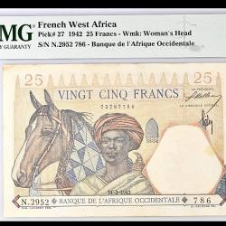 French West Africa 25 Francs 1942 Wmk Womans Head PMG Graded 35 Ending 786 Very Unique and Rare Lion