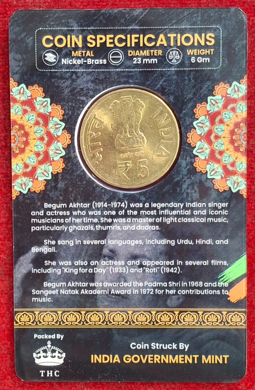 5 Rs. Begum Akhtar rare Commemorative Coin Card Special Edition