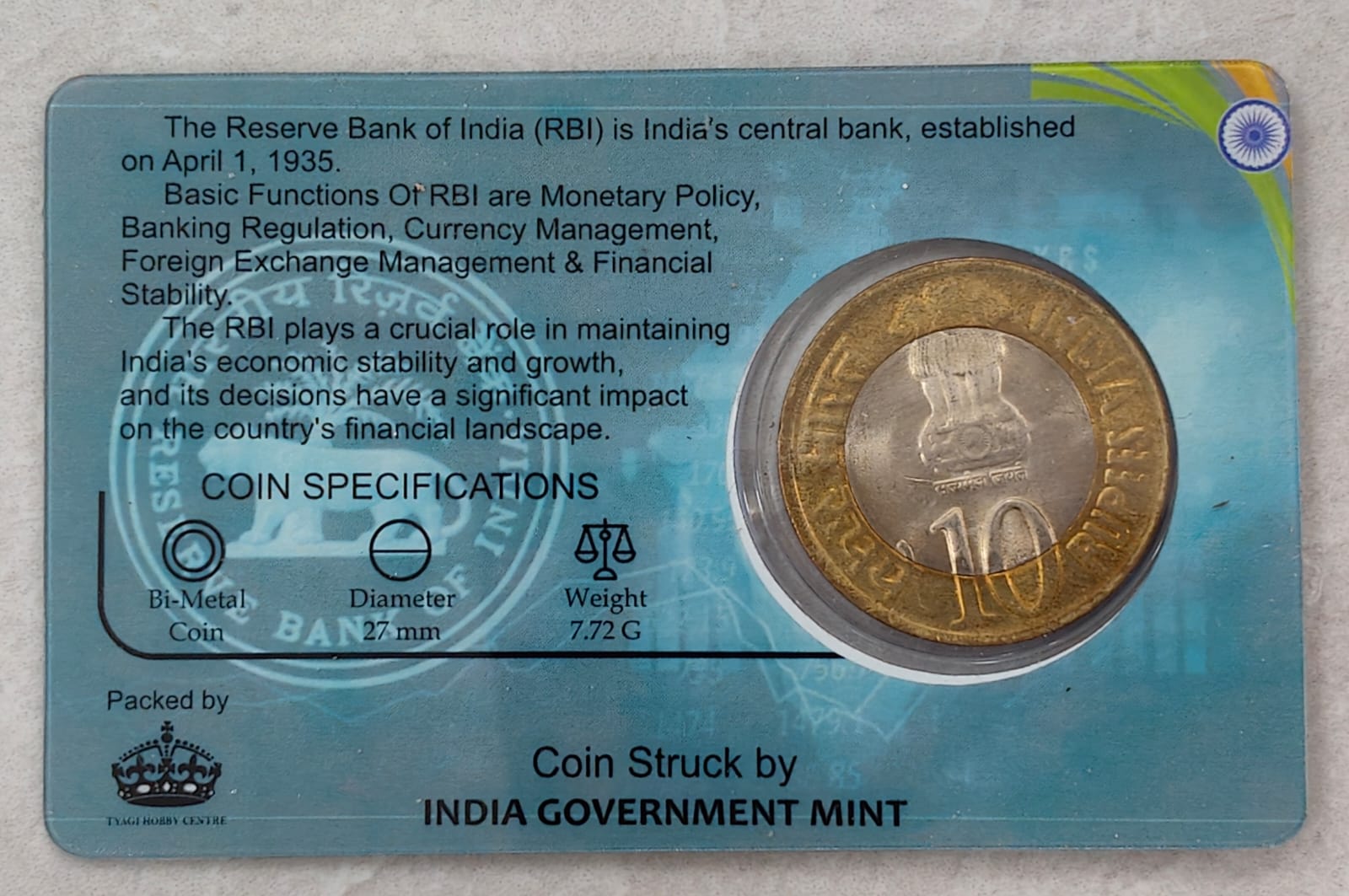 10 Rs Reserve Bank of India Platinum Jubilee rare Commemorative Coin Card Special Edition