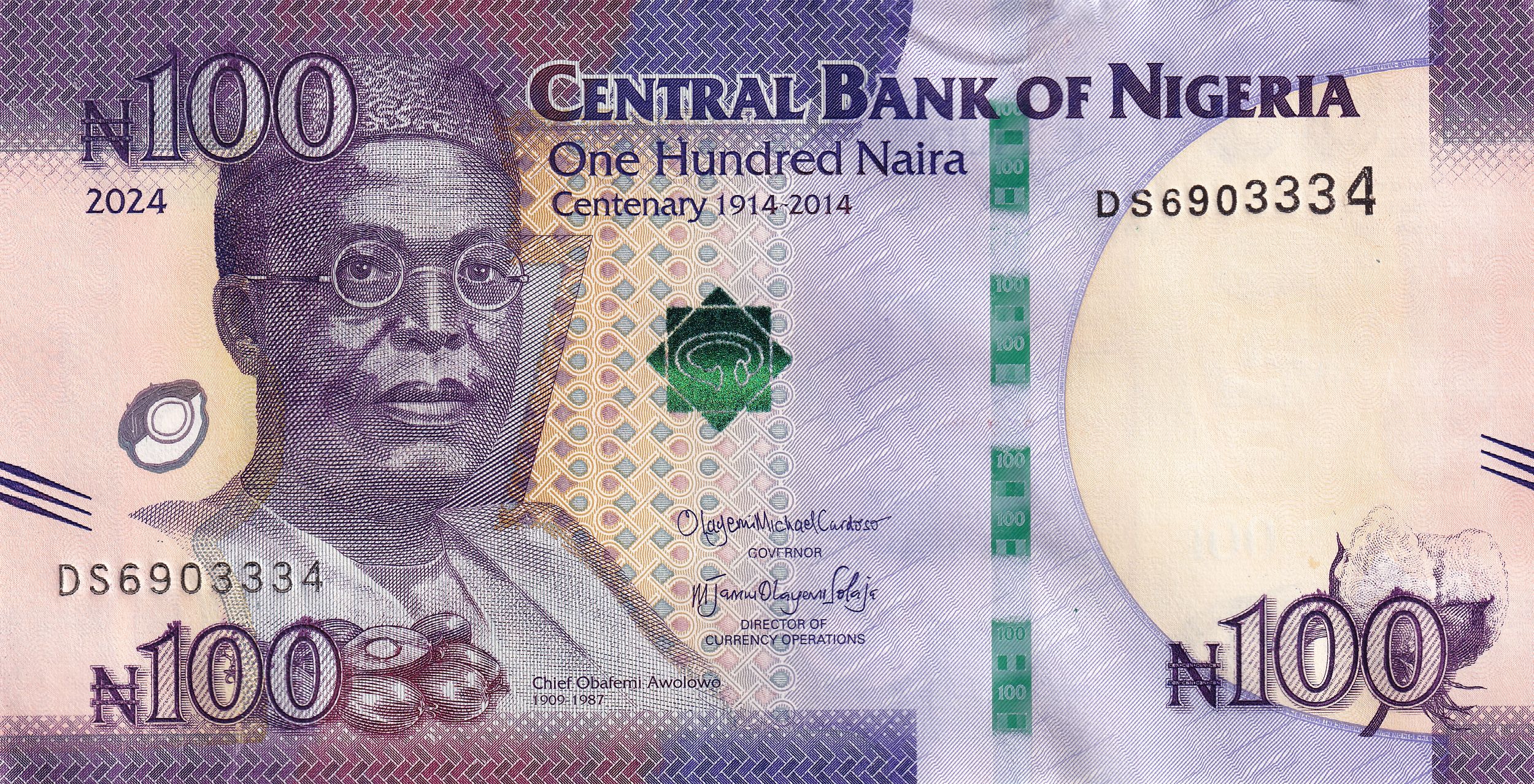 100 Naira of Nigeria Country (AD 2014-2024) Commemorative issue with Nigeria's 100 Years of Existence 1914-2014