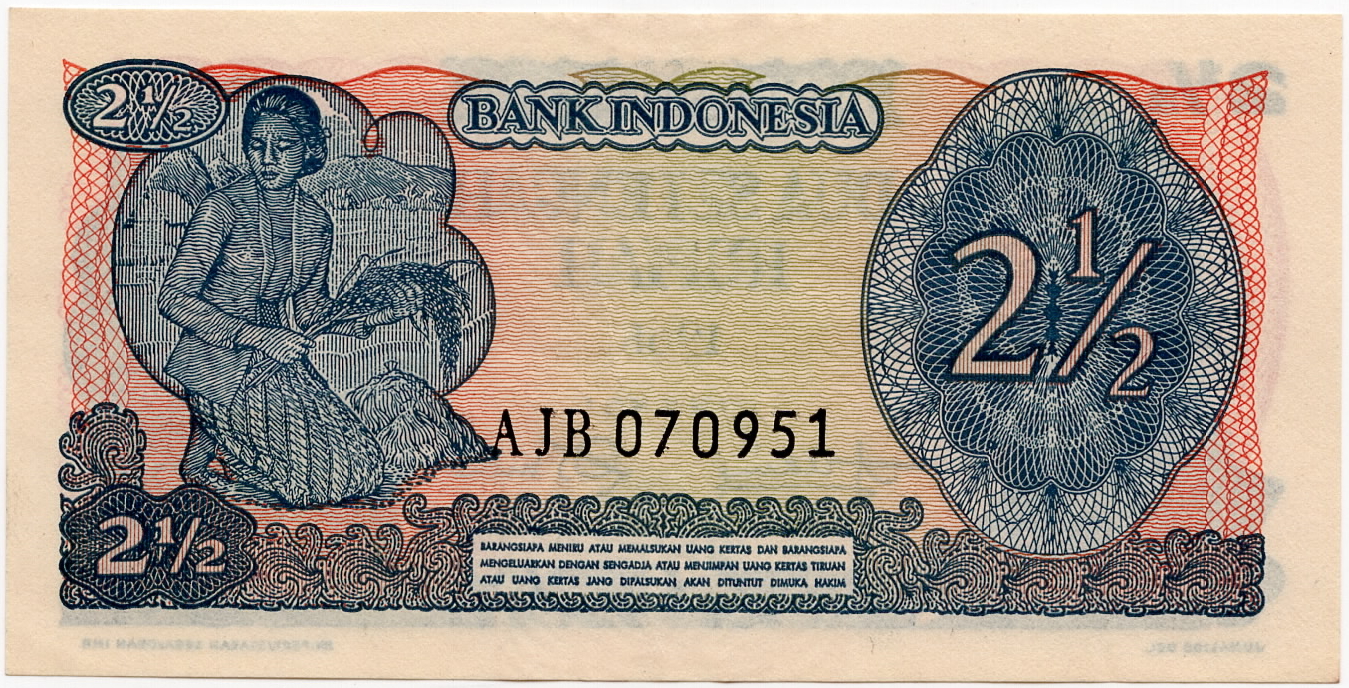 Old 2-1/2 Rupiah of Indonesia (AD 1968) with General Sudirman / Woman in kebaya holding rice stalks Rare