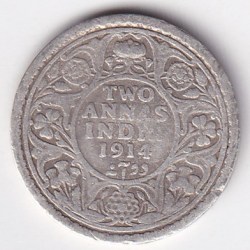 Two Annas 1914 George V King Silver Coin Ex Rare