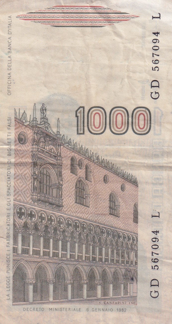 Italy 1000 Lire Lowest Price Note #B-2