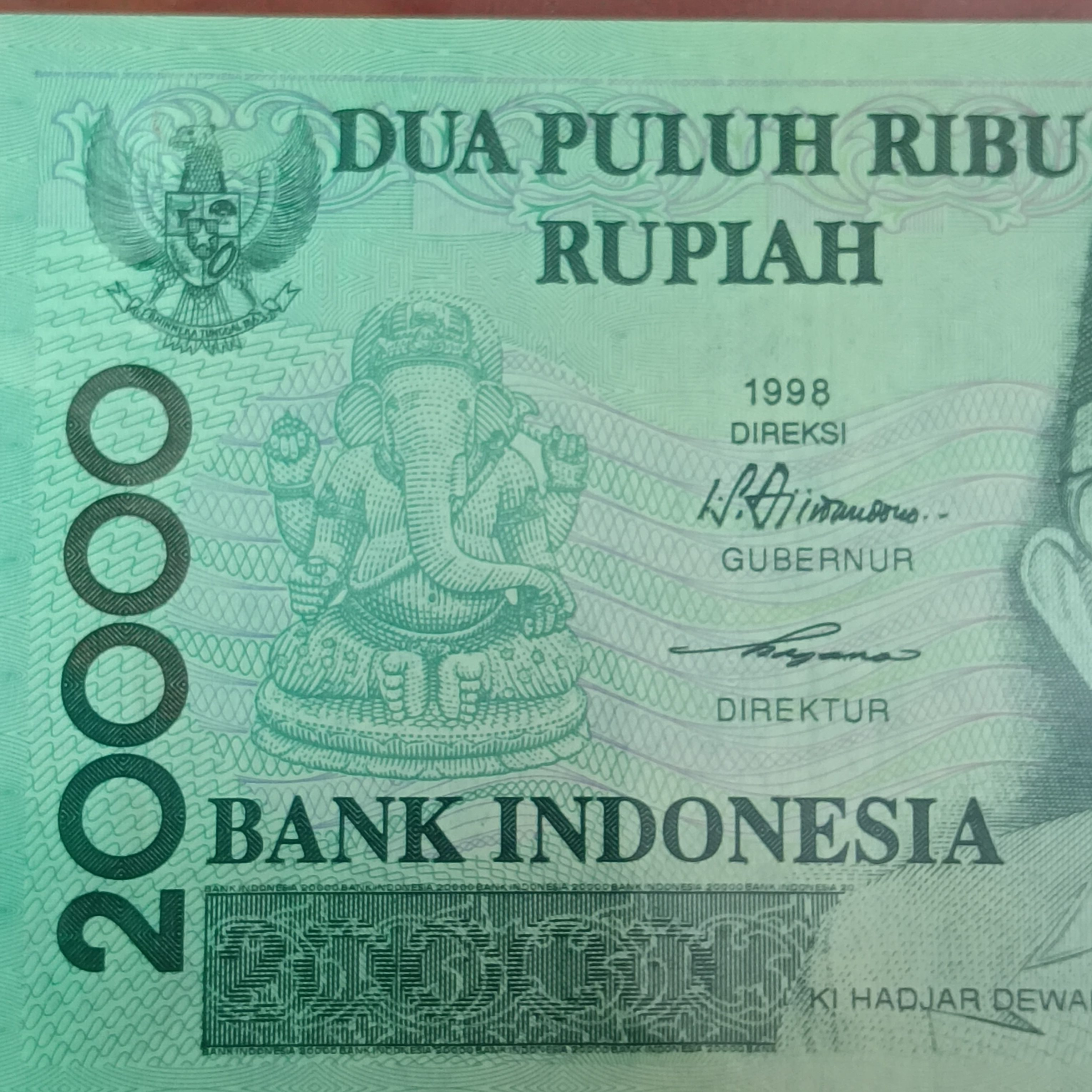 Rare Note 20000 Rupiah Ganesh Ji Green Old Issue Note Bank of Indonesia Gem Bunc Condition Note