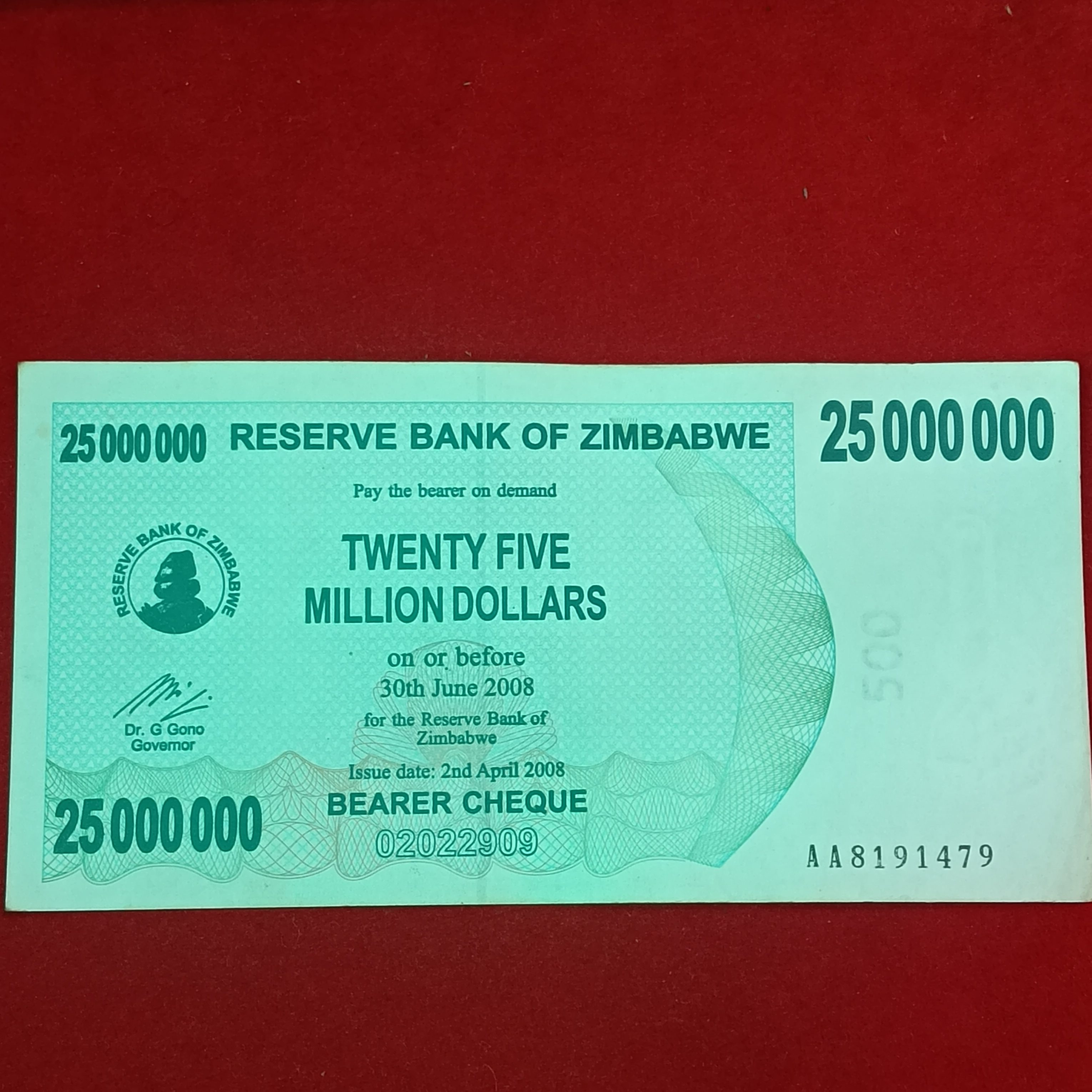 25000000 Twenty Five Million Dollars Issue Date 2 Bd April 2008 Reserve Bank of Zimbabwe