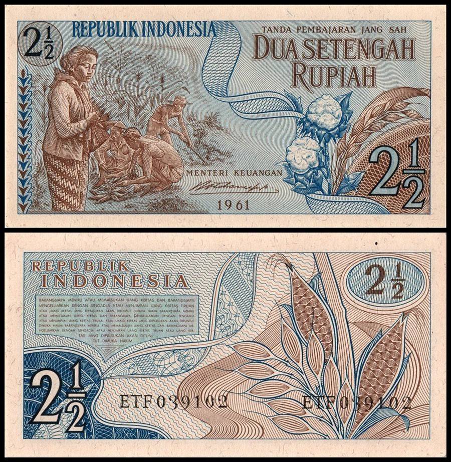 Indonesia 2 1/2 Rupiah Banknote 1961 P79 UNC Unique and Rare