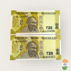 Rs 20 India Banknote Running Fancy Number Same Prefix 123456 and 654321 Unique and Rare
