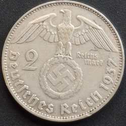 Germany 2 Marks 1937 Paul von Hindenburg rare silver Swastik logo Hitlar Coin # l-704