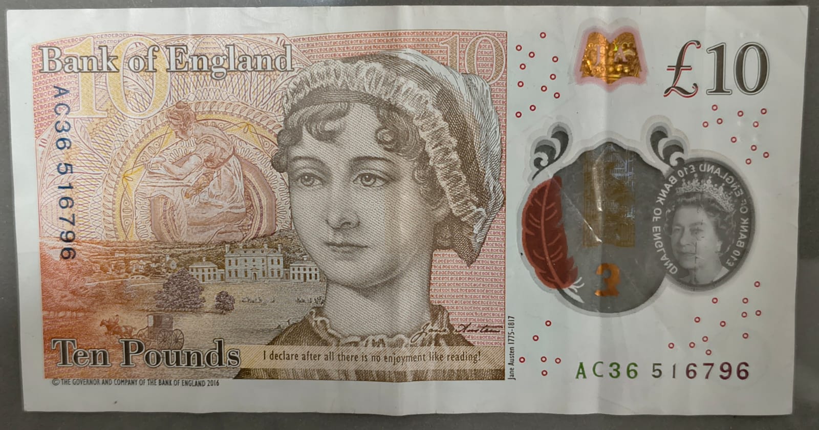 England 10 Pounds - Elizabeth II Jane Austen; Polymer note